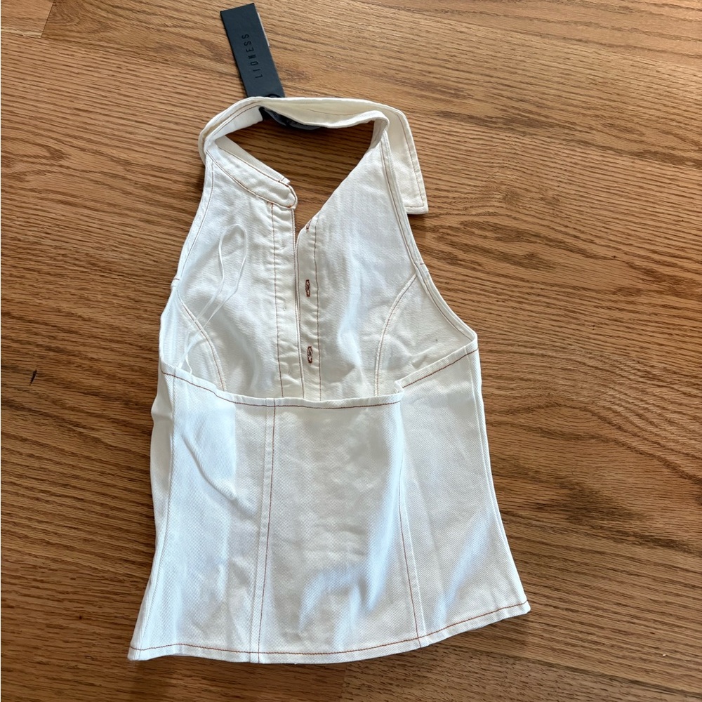 Lioness White Ruffle-Front Halter Collared Top - Picture 3 of 4